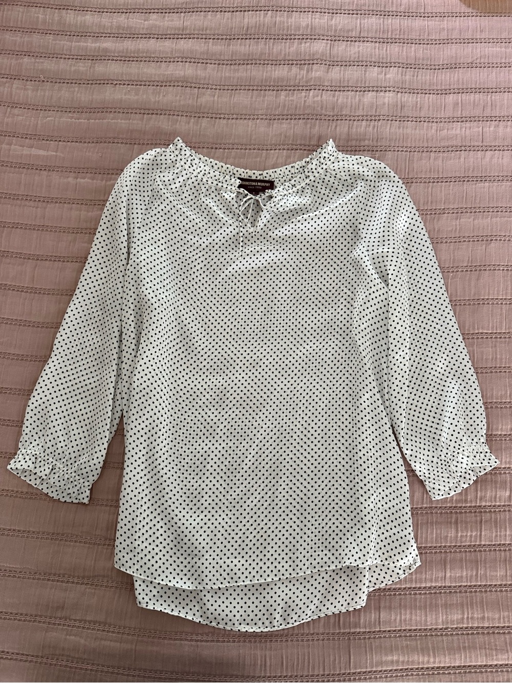 Johnston & Murphy White Polka Dot Tie-Neck Blouse